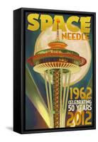 Space Needle and Full Moon - Seattle, WA-Lantern Press-Framed Stretched Canvas