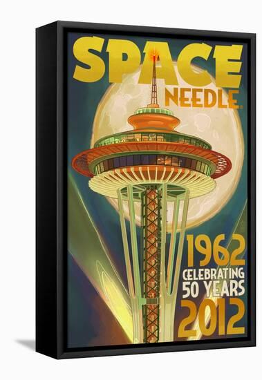 Space Needle and Full Moon - Seattle, WA-Lantern Press-Framed Stretched Canvas