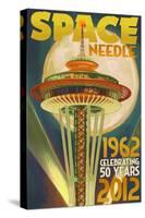 Space Needle and Full Moon - Seattle, WA-Lantern Press-Stretched Canvas