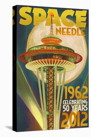 Space Needle and Full Moon - Seattle, WA-Lantern Press-Stretched Canvas
