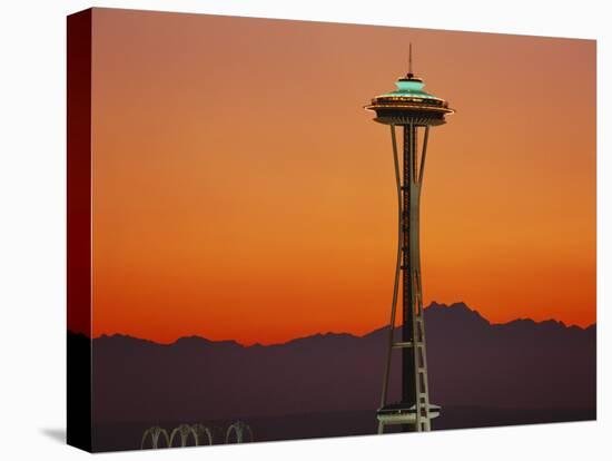 Space Needle and Olympic Mountains at Dusk, Seattle, Washington, USA-David Barnes-Stretched Canvas