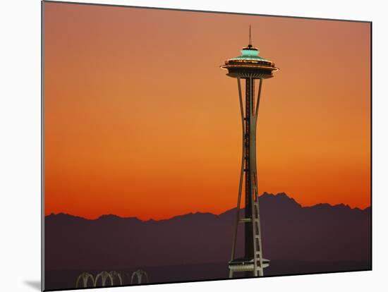 Space Needle and Olympic Mountains at Dusk, Seattle, Washington, USA-David Barnes-Mounted Photographic Print