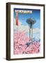 Space Needle - Cherry Blossoms Woodblock - Seattle, Washington-Lantern Press-Framed Art Print