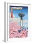 Space Needle - Cherry Blossoms Woodblock - Seattle, Washington-Lantern Press-Framed Art Print