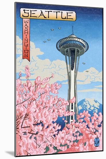 Space Needle - Cherry Blossoms Woodblock - Seattle, Washington-Lantern Press-Mounted Art Print