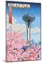 Space Needle - Cherry Blossoms Woodblock - Seattle, Washington-Lantern Press-Mounted Art Print