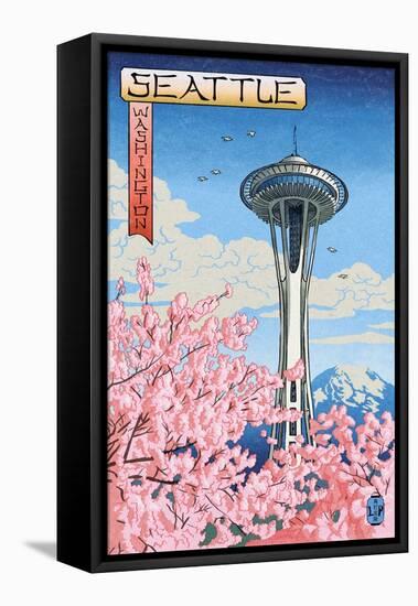 Space Needle - Cherry Blossoms Woodblock - Seattle, Washington-Lantern Press-Framed Stretched Canvas