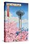 Space Needle - Cherry Blossoms Woodblock - Seattle, Washington-Lantern Press-Stretched Canvas