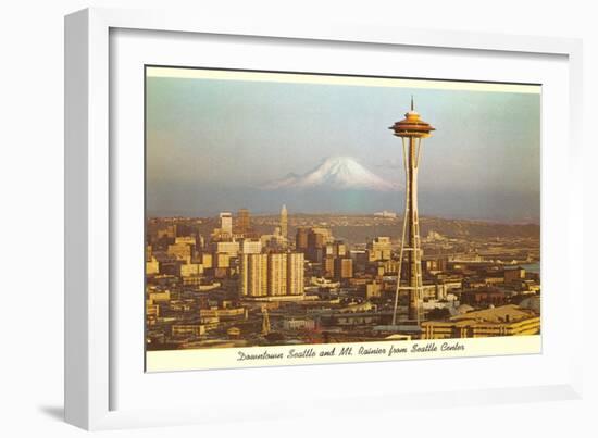 Space Needle, Mt. Rainier, Seattle, Washington-null-Framed Art Print