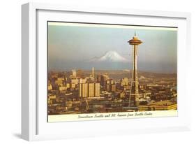 Space Needle, Mt. Rainier, Seattle, Washington-null-Framed Art Print