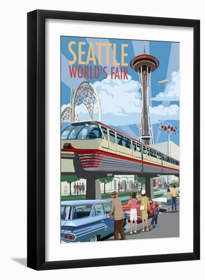 Space Needle Opening Day Scene - Seattle, WA-Lantern Press-Framed Art Print