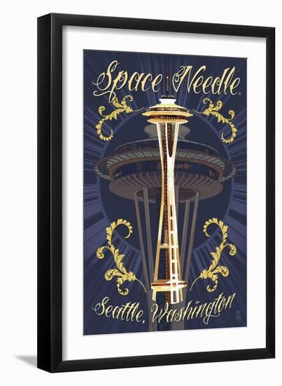 Space Needle Tattoo Style - Seattle, WA-Lantern Press-Framed Art Print