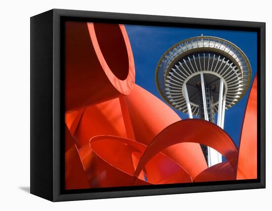 Space Needle with Olympic Iliad Sculpture, Seattle Center, Seattle, Washington, USA-Jamie & Judy Wild-Framed Stretched Canvas