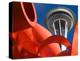 Space Needle with Olympic Iliad Sculpture, Seattle Center, Seattle, Washington, USA-Jamie & Judy Wild-Stretched Canvas