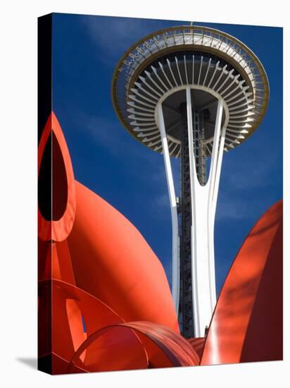 Space Needle with Olympic Iliad Sculpture, Seattle Center, Seattle, Washington, USA-Jamie & Judy Wild-Stretched Canvas