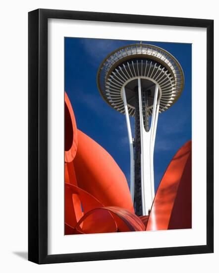 Space Needle with Olympic Iliad Sculpture, Seattle Center, Seattle, Washington, USA-Jamie & Judy Wild-Framed Photographic Print