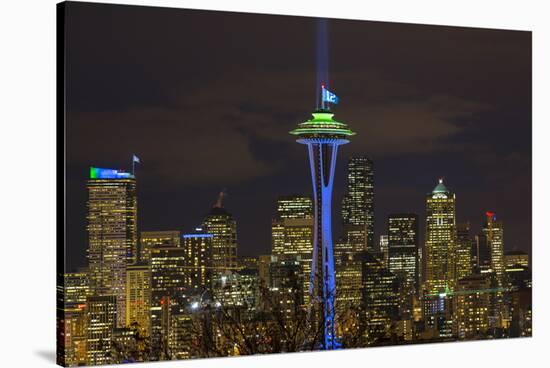 Space Needle with Seahawk colors and 12th man flag. Washington, USA-Jamie & Judy Wild-Stretched Canvas