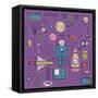 Space Planets Stars Cosmonaut Design Elements Colored Line Art Collection. Cosmic Objects Designer-Popmarleo-Framed Stretched Canvas