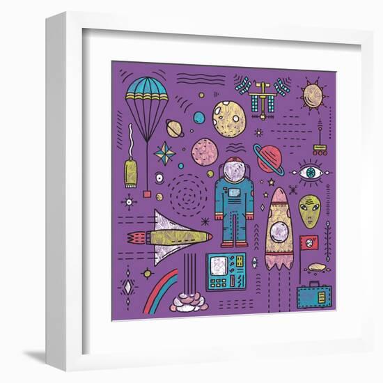 Space Planets Stars Cosmonaut Design Elements Colored Line Art Collection. Cosmic Objects Designer-Popmarleo-Framed Art Print