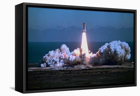 Space Shuttle Challenger Blasting off into Sky-Bill Mitchell-Framed Stretched Canvas