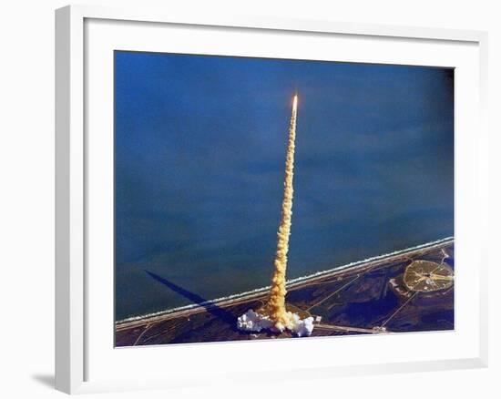 Space Shuttle Columbia on a Pillar of Exhaust as it Begins its Ten-Day Mission on Oct 22, 1992-null-Framed Photo