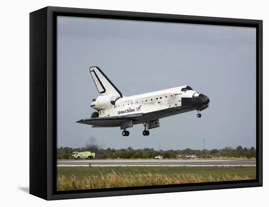 Space Shuttle Discovery Approaches Landing on the Runway at the Kennedy Space Center-Stocktrek Images-Framed Stretched Canvas