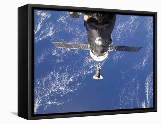 Space Shuttle Discovery Approaches the International Space Station-Stocktrek Images-Framed Stretched Canvas