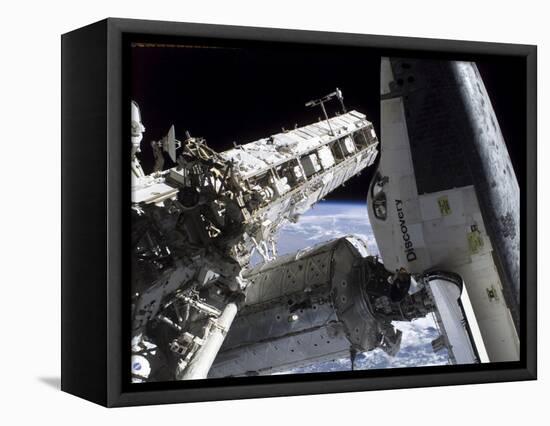 Space Shuttle Discovery Docked to the International Space Station-Stocktrek Images-Framed Stretched Canvas