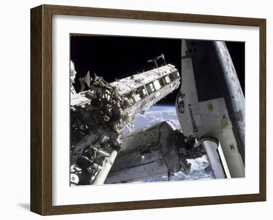 Space Shuttle Discovery Docked to the International Space Station-Stocktrek Images-Framed Photographic Print