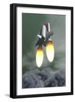 Space Shuttle Taking Off Amongst Grey Smoke and Clouds-null-Framed Art Print