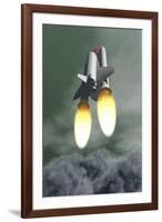 Space Shuttle Taking Off Amongst Grey Smoke and Clouds-null-Framed Art Print