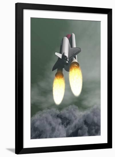 Space Shuttle Taking Off Amongst Grey Smoke and Clouds-null-Framed Art Print