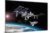 Space Station in Orbit around Earth with Space Shuttle-null-Mounted Art Print