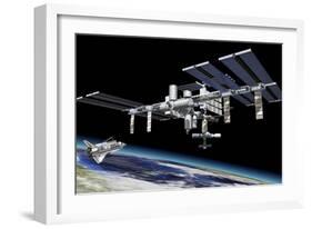 Space Station in Orbit around Earth with Space Shuttle-null-Framed Art Print