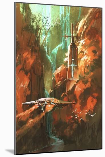 Spaceship on Background of Lighthouse and Red Canyon,Illustration Painting-Tithi Luadthong-Mounted Art Print