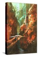 Spaceship on Background of Lighthouse and Red Canyon,Illustration Painting-Tithi Luadthong-Stretched Canvas