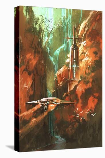 Spaceship on Background of Lighthouse and Red Canyon,Illustration Painting-Tithi Luadthong-Stretched Canvas