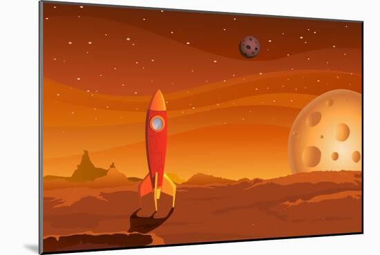 Spaceship-On-Martian-Landscape-Benchart-Mounted Art Print