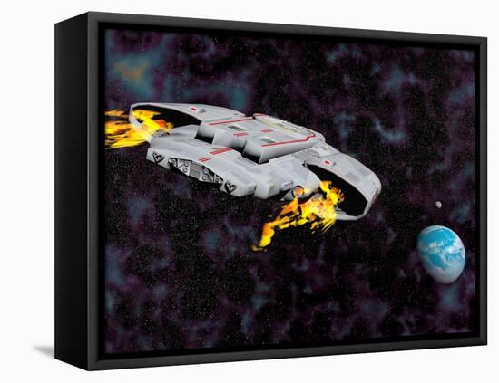 Spaceship with Afterburners Engaged as it Approaches Planet Earth-null-Framed Stretched Canvas