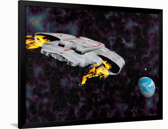 Spaceship with Afterburners Engaged as it Approaches Planet Earth-null-Framed Art Print