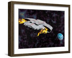 Spaceship with Afterburners Engaged as it Approaches Planet Earth-null-Framed Art Print