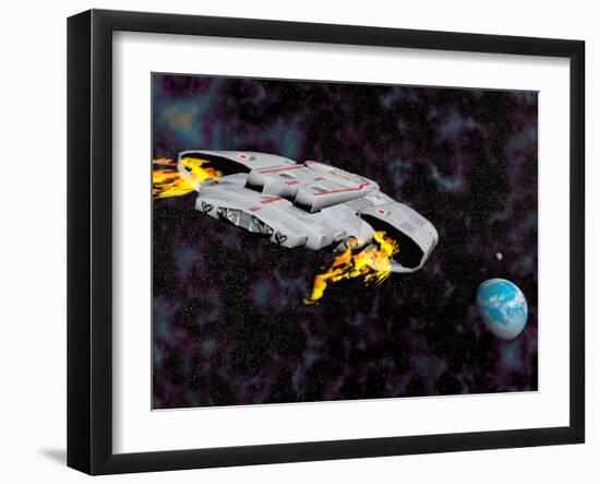 Spaceship with Afterburners Engaged as it Approaches Planet Earth-null-Framed Art Print