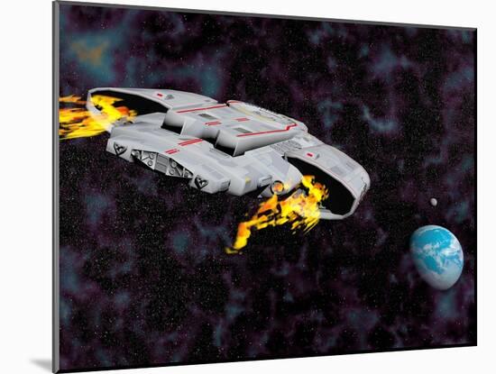 Spaceship with Afterburners Engaged as it Approaches Planet Earth-null-Mounted Art Print