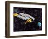 Spaceship with Afterburners Engaged as it Approaches Planet Earth-null-Framed Art Print