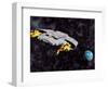 Spaceship with Afterburners Engaged as it Approaches Planet Earth-null-Framed Art Print