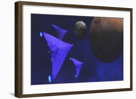 Spaceships Fly Through Space to Investigate an Alien Planet and its Moon-null-Framed Art Print