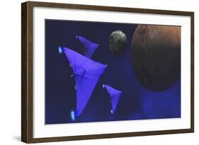 Spaceships Fly Through Space to Investigate an Alien Planet and its Moon-null-Framed Art Print