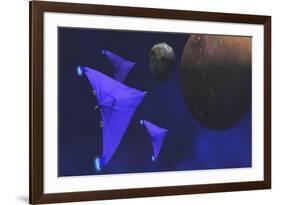 Spaceships Fly Through Space to Investigate an Alien Planet and its Moon-null-Framed Art Print