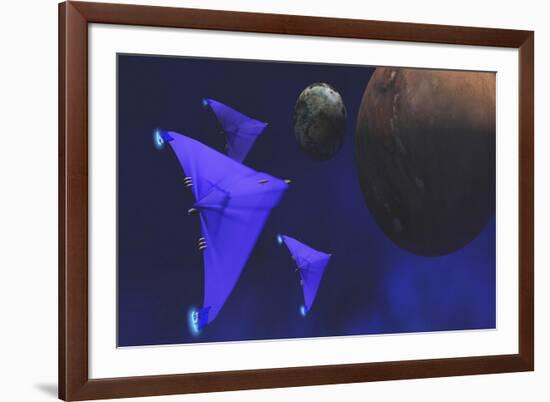 Spaceships Fly Through Space to Investigate an Alien Planet and its Moon-null-Framed Art Print