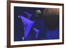 Spaceships Fly Through Space to Investigate an Alien Planet and its Moon-null-Framed Art Print